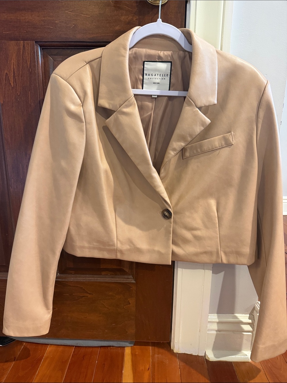 Bagatelle Cropped Faux Leather Blazer in Light Beige